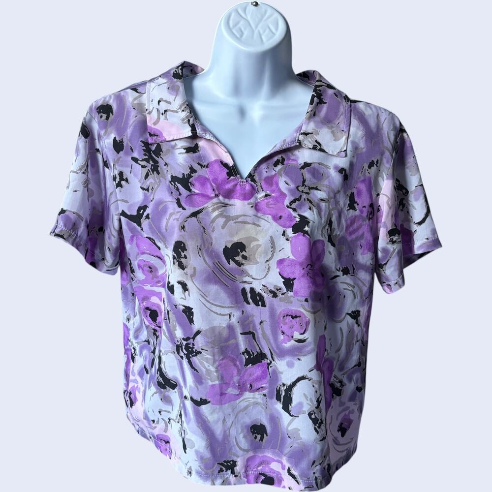 Watercolor Floral Split-Neck Collared Blouse Top Purple Short Sleeve Y2K
